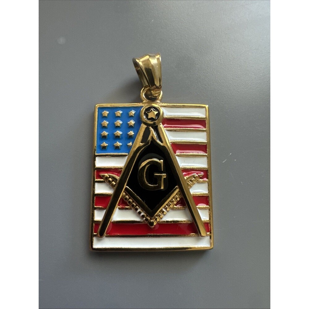 U. S. A. Free Mason Stainless Steel Freemason Symbol Masonic Pendant Chain Gold